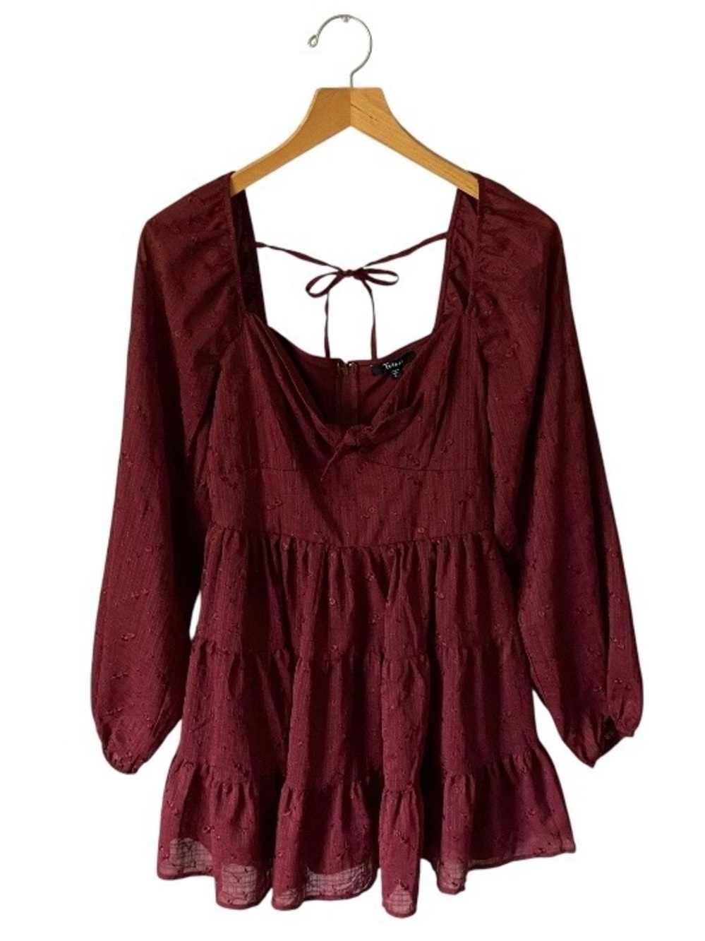 Trixxi Tiered Babydoll Mini Dress Burgundy Sz L Cottage Milkmaid Whimsygoth Vamp
